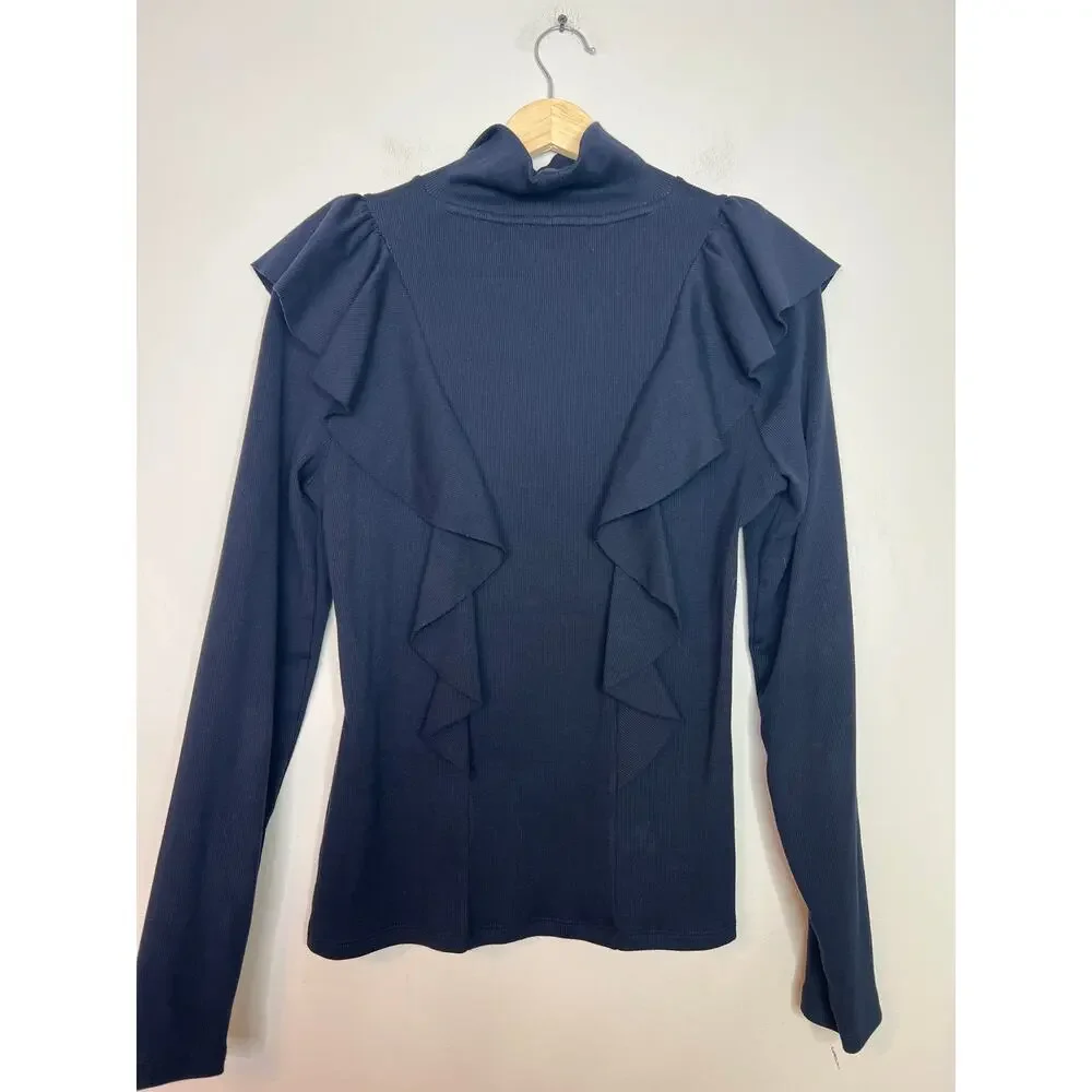 NEW Veronica Beard Freida Ruffles Turtle Neck Ribbed Long Sleeve Top Navy Blue - Picture 6 of 7